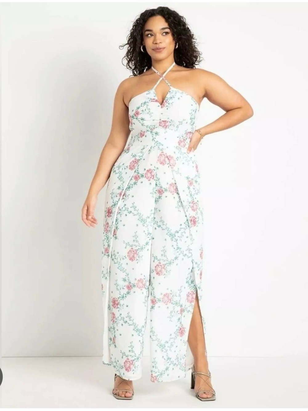 NWT Eloquii white jumpsuit, pink floral print, halter, slit leg, Size: 18
